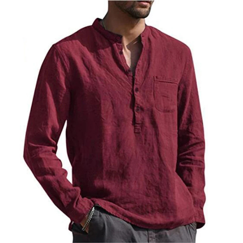 Hehope 2024 Plus Size Cotton Linen Hot Sale Men's Long-Sleeved Shirts Summer Solid Color  Stand-Up Collar Casual Beach Style