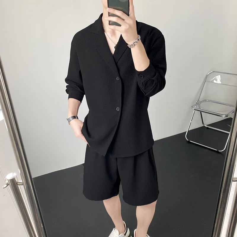 Hehope Summer Black/White Sets Men Fashion Long-sleeved Shirt Shorts Two-piece Men Korean Casual Loose Plaid Sets Mens Suit M-2XL