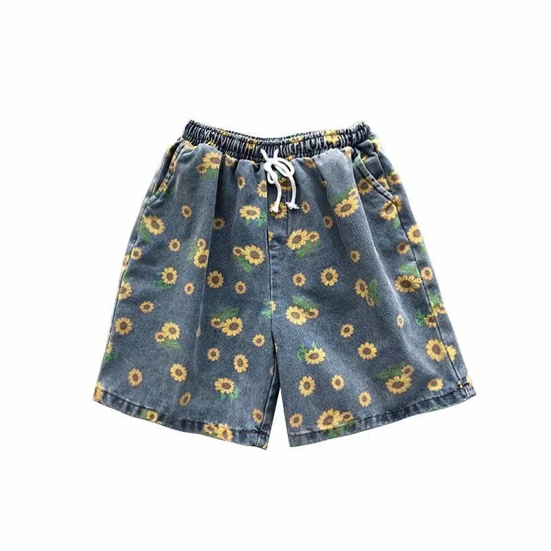 Hehope Summer Denim Shorts Men Fashion Drawstring Retro Flower Shorts Men Streetwear Hip-hop Loose Print Denim Shorts Mens Beach Shorts