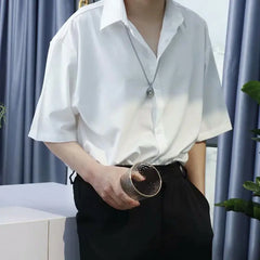 Hehope Casual White Shirt for Men Solid Color Ice Silk Long Sleeve Shirt Harajuku Loose Top Quality Drape White Japanese Streetwear