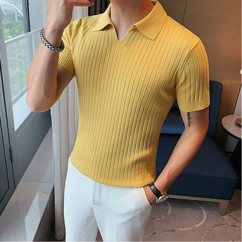 Hehope Korean Business Casual Summer New Ice Silk Men's Short Sleeved Polo Shirt Lapel Solid Jacquard Stripe Screw Thread Slim Thin Top