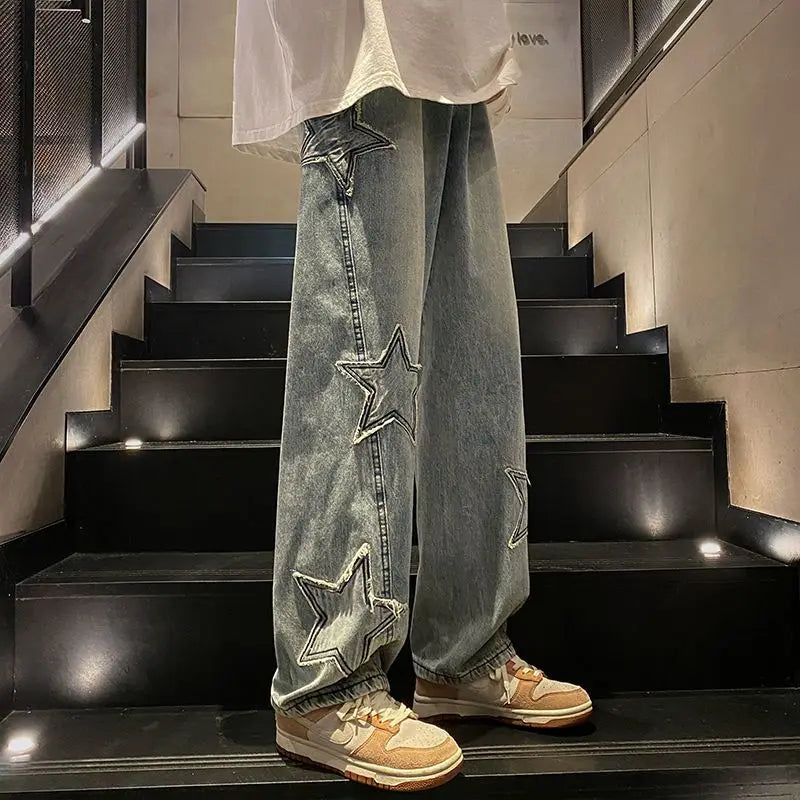 Hehope Hip Hop Baggy Star Men's Jeans Retro Loose High Quality 2024 Trend Trousers Grunge Y2k Straight Man Cowboy Pants Light Blue Kpop