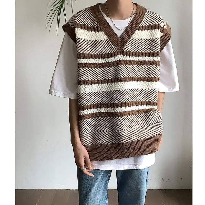 Hehope Autumn New Color Block Striped Sweater Vest for Men Korean Fashion Casual Loose Sleeveless Knitted Sweater Vests Men and Women