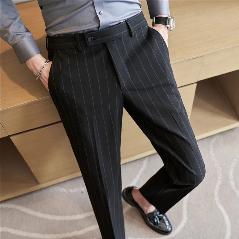 Hehope Men's Striped Suit Pants Elastic Autumn New Social Casual Trousers Slim Fit Suit Pants Business Office Wedding Men Clothing