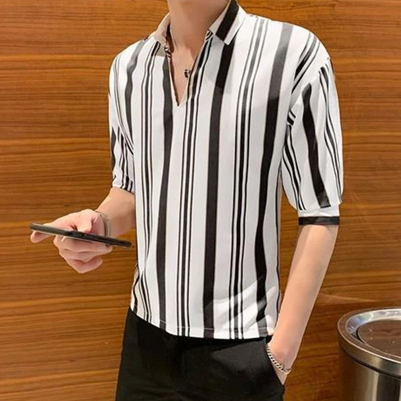 Hehope T-Shirts  Striped Elbow Sleeve Pullovers Simplicity Man Spring Summer Thin Handsome Men's Clothing Turn-down Collar Casual