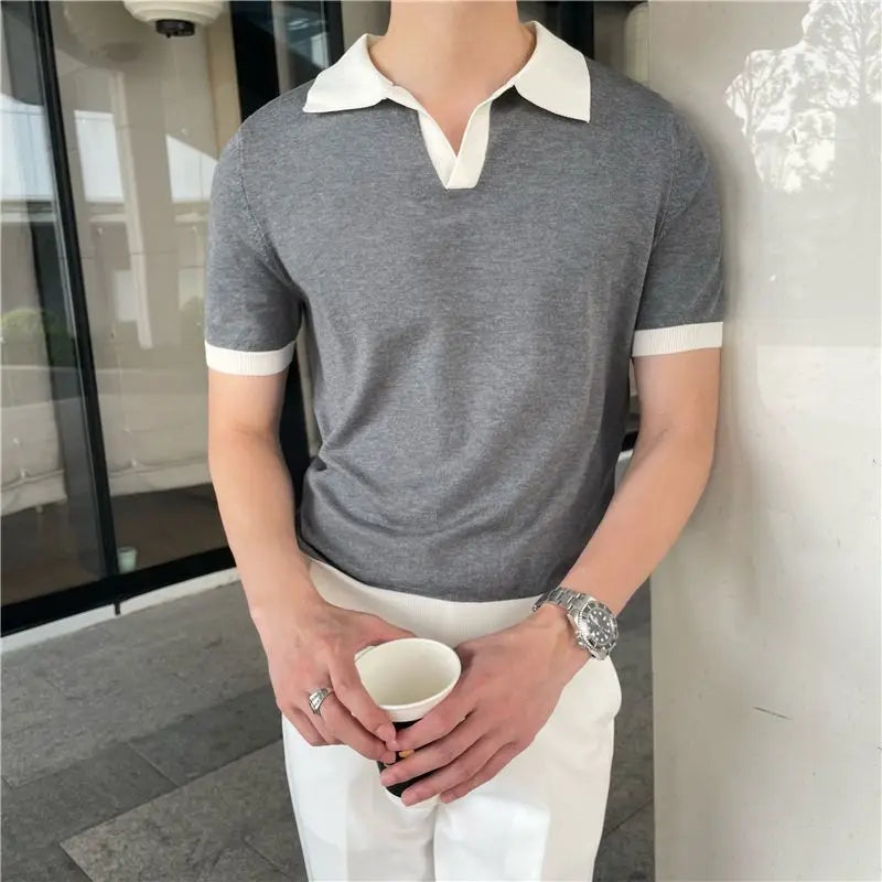 Hehope Summer Lapel Breathable Short Sleeve Temperament Men's Clothing Slim Korean Version Solid Color Trend Knitted POLO Shirt