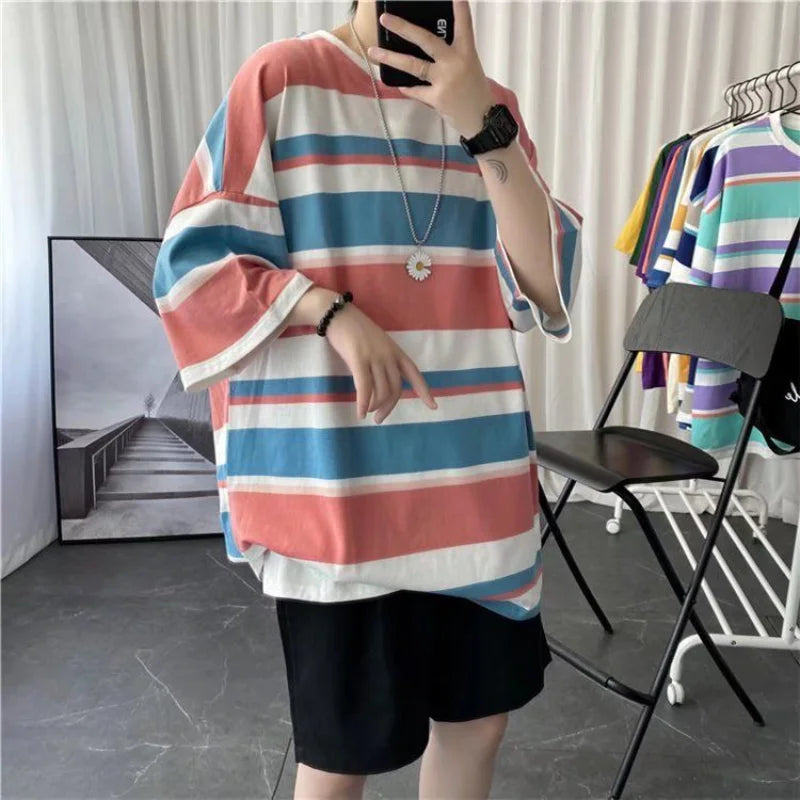 Hehope Summer Loose Casual Oversized Men's Clothing Hong Kong Breeze Striped Printed Short Sleeve Round Neck Trend All-match T-shirt