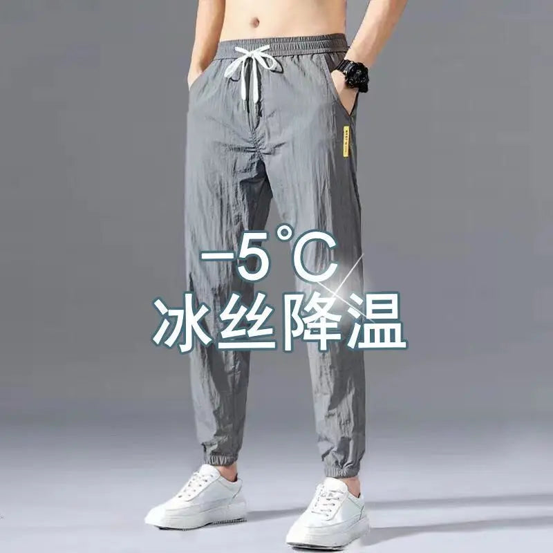 Hehope Spring Summer Men Cotton Hemp Ice Silk Pants Streetwear Fashion Male Basic Elastic Waist Loose Sports Straight Casual Trousers