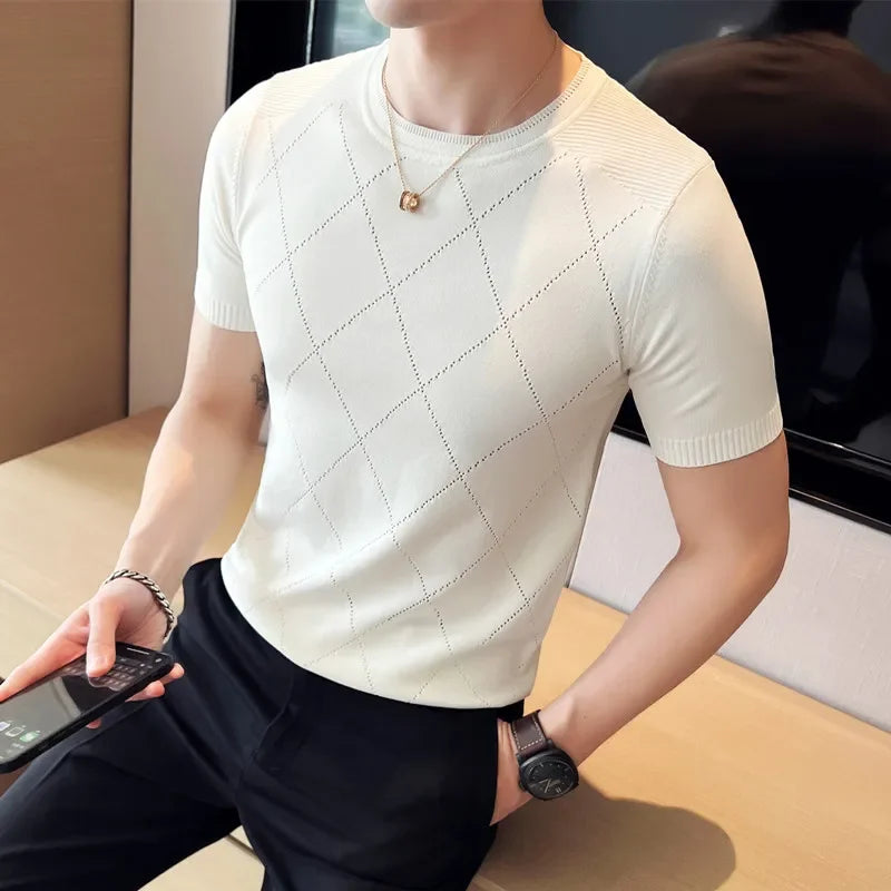 Hehope Men's Short Sleeve T-shirt Summer Thin High Elastic Slim Fit Knit Tee Shirts Tops O Neck  Solid Casual Fashion Men Clothing