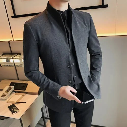 Hehope Autumn Chinese Style Stand Collar Suit Jacket for Men Slim Fit Casual Business Blazers Wedding Groom Dress Coat Costume Homme