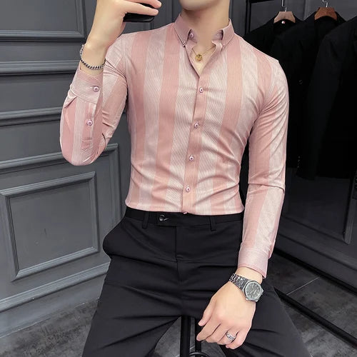 Hehope Autumn New Striped Long Sleeve Shirt Men's Korean Slim Business Dress Shirts Casual Streetwear Social Party Tuxedo Chemise Homme