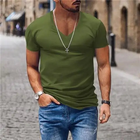 Hehope Summer Men V-neck Basic T-shirt Slim Solid Cotton Breathable Quick Dry Casual Sports Simple Versatile Bottoming Short Sleeve Top