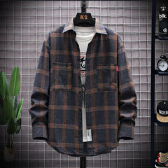 Hehope Spring Autumn Men's Youth Trendy Striped Plaid Long Sleeved Shirt Casual Loose All-match Square Neck Pocket Button Cardigan Tops