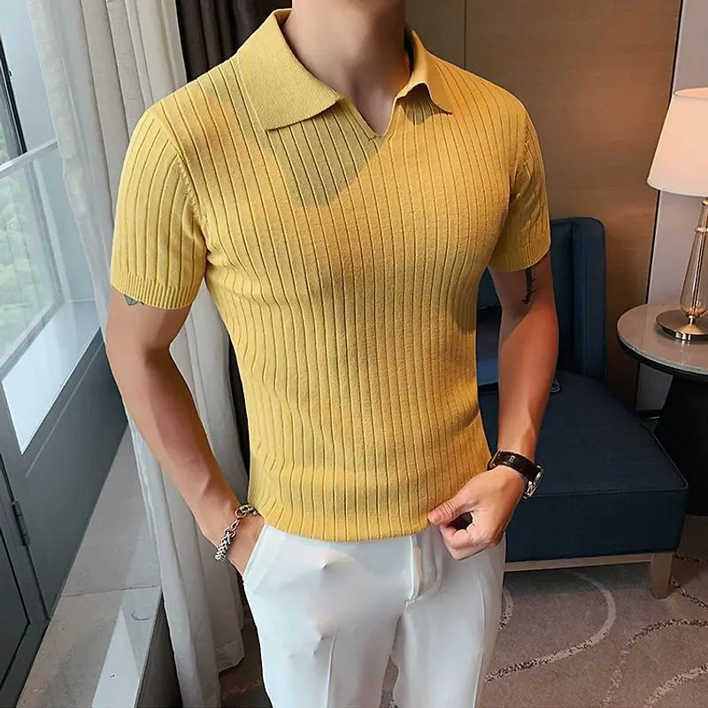 Hehope Korean Business Casual Summer New Ice Silk Men's Short Sleeved Polo Shirt Lapel Solid Jacquard Stripe Screw Thread Slim Thin Top