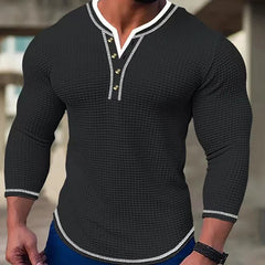 Hehope Men's Waffle Henry Neck Button T-shirt Tops Vacation Long Sleeve Casual Fashion Patchwork Color Slim Fit Muscle Men Tshirts