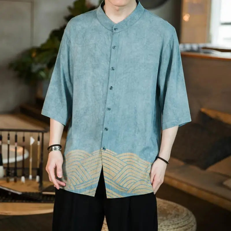 Hehope 2024 New Summer Retro Chinese Style Fashion Trend Stand Up Collar Print Loose Casual Versatile Comfortable Short Sleeved Shirt