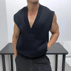 Hehope Mens Sleeveless Knitted Vest Genderless Youth Trendy Personalized Fashion Simple Loose Solid Color Fitness V-Neck Vest Unisex