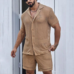 Hehope Leisure Breathable Hollow Out Beach Two Piece Sets Men Summer Short Sleeve Shirts And Shorts Mens Mesh Outfits New Casual Suits