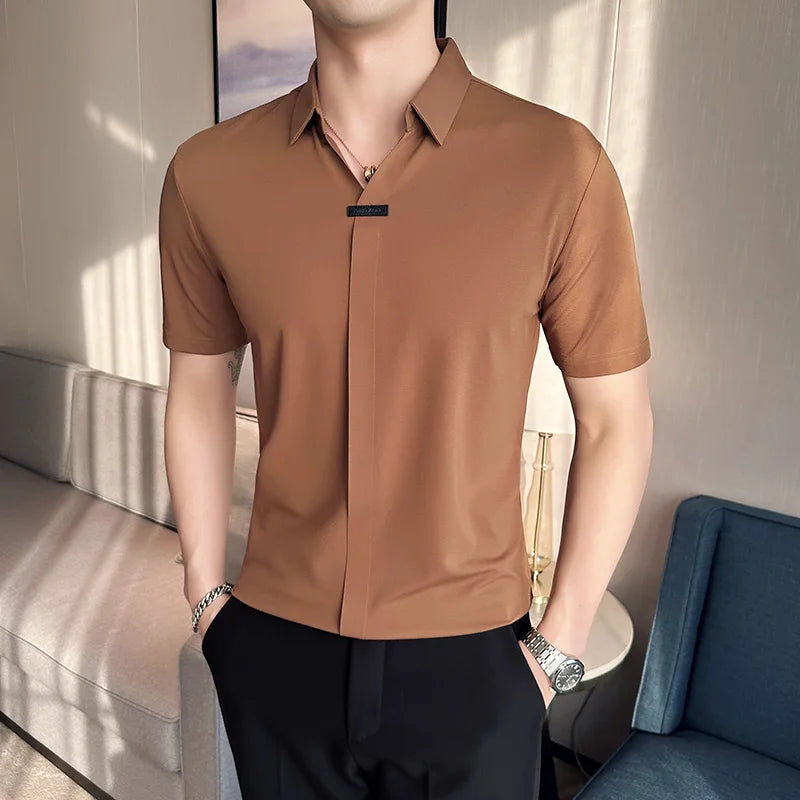 Hehope High Elasticity Mens Short Sleeved T-shirt 2024 Summer Breathable and Soft Solid Casual Slim Fit Ice Silk T-shirt Men Clothing