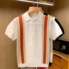 Hehope High Quality Knit Slim Polo Shirt Mens Vintage Striped Embroidery Knitted Tops Summer Casual Turn-down Collar Short Sleeve Polo