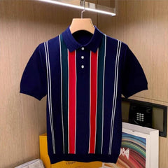 Hehope 2024 Summer Short Sleeve Casual Polo Shirt Men Fashion Button Lapel Striped Knitting Tops For Mens Vintage Knitwear Streetwear