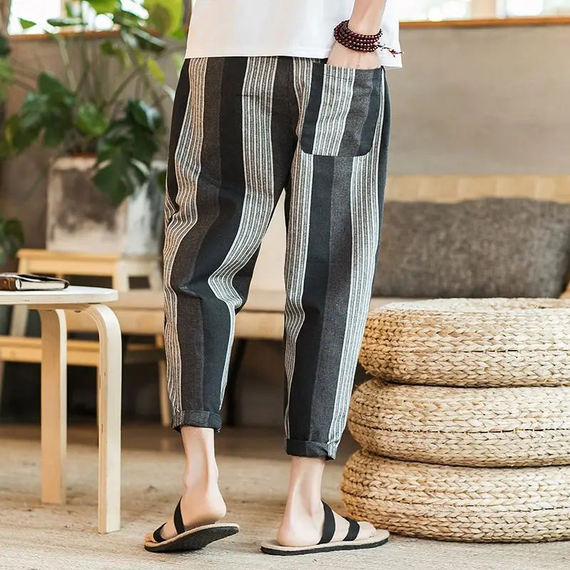 Hehope New Summer Fashion Loose Casual Trendy Men's Versatile Thin Breathable Vertical Striped Linen Oversize Casual Cropped Pants