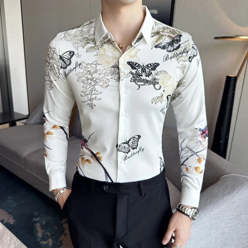 Hehope Fashion Butterfly Printed Shirt for Men Summer Long Sleeve Casual Shirts Streetwear Social Party Nightclub Camisa Masculina