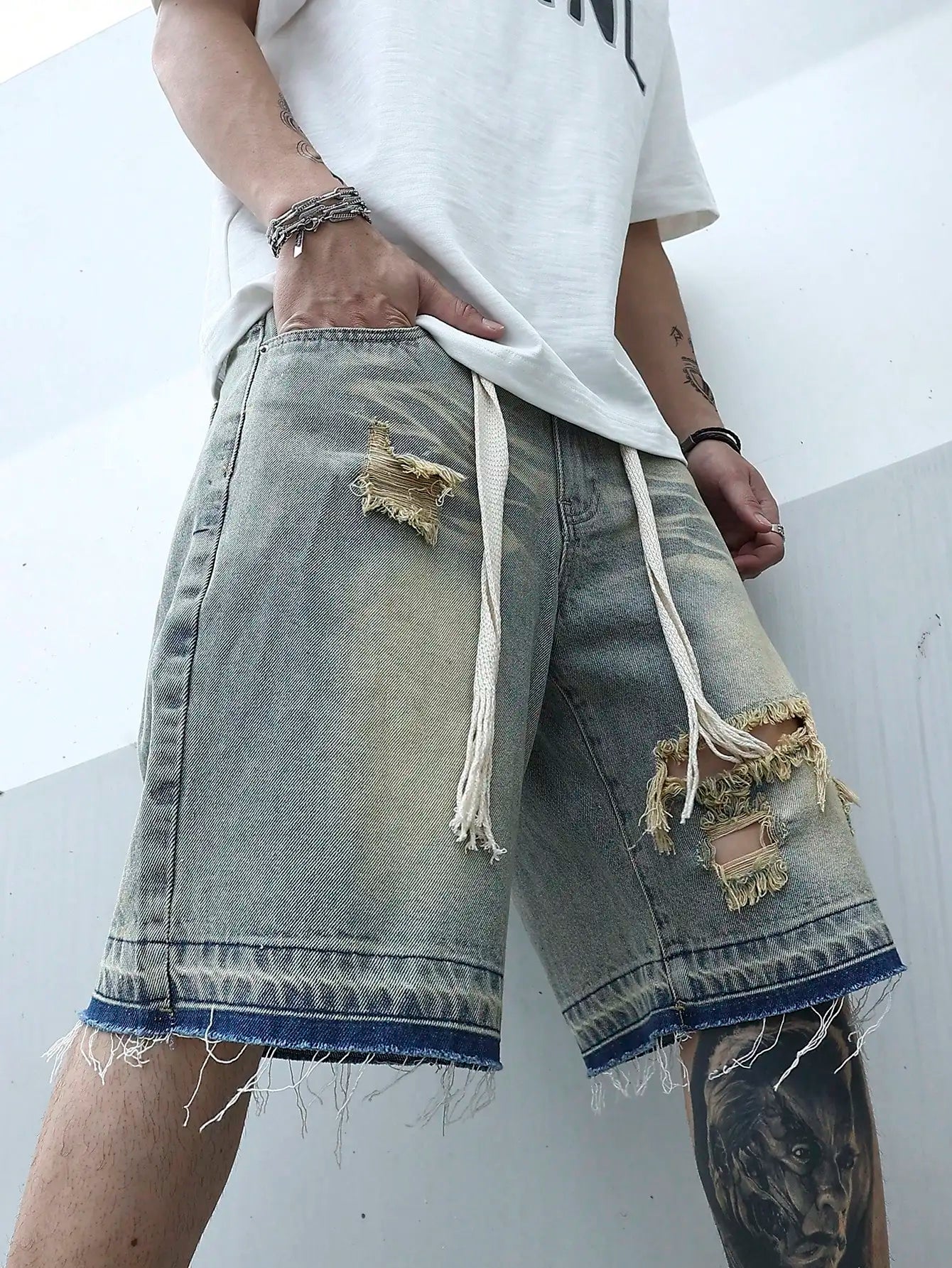 Hehope Men Summer Stretchy Denim Jeans Shorts For Men Cargo Casual Wide Leg Elastic Waist Ripped Cargo Baggy Shorts Y2k Streetwear Pant