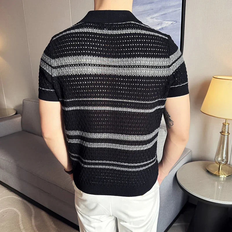 Hehope Men Polo Shirt 2024 Summer New Thin Knitted Striped Jacquard Patchwork Color Short Sleeved Casual V-neck T-shirt Men Clothing