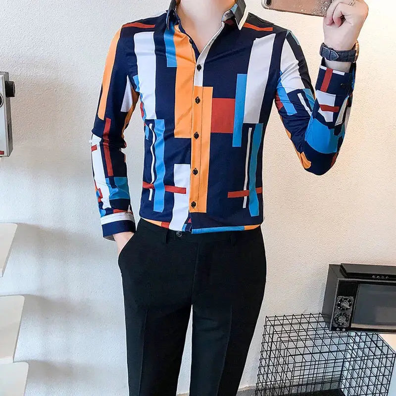 Hehope 2024 New Spring and Autumn Korean Fashion Street Versatile Print Color Block Button Flip Collar Long Sleeved Men's Shirt Top