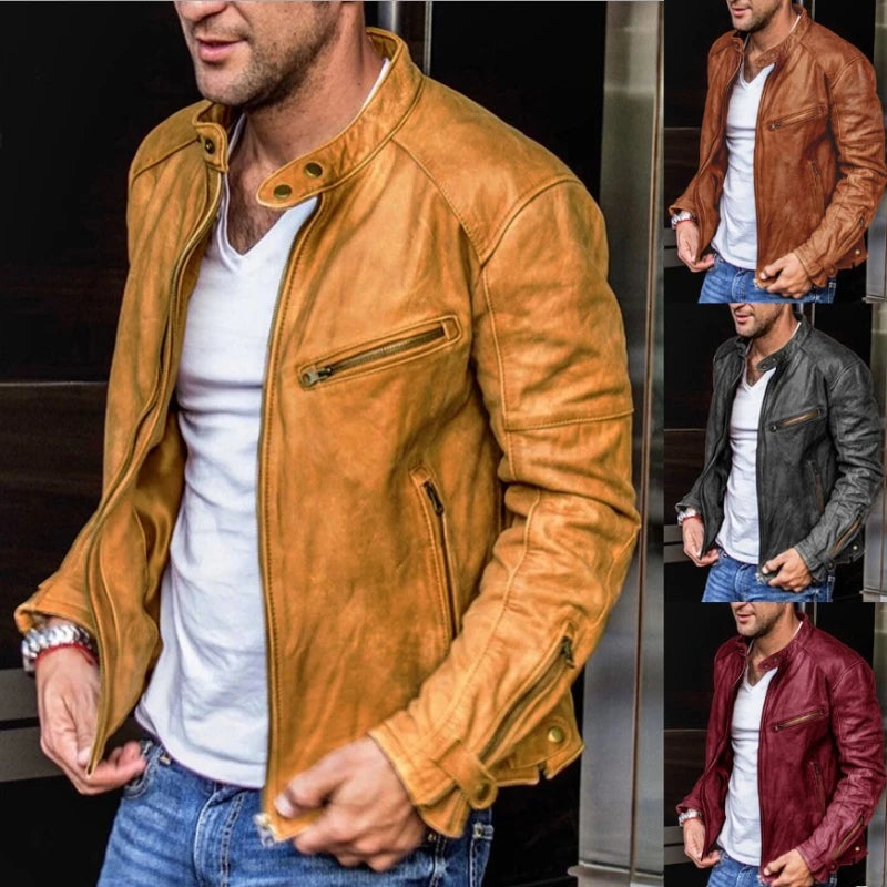 Hehope New Mens Leather Jacket Men Fashion Red Motorcycle PU Leather Jacket Stand Collar Zipper Pockets Leather Coats