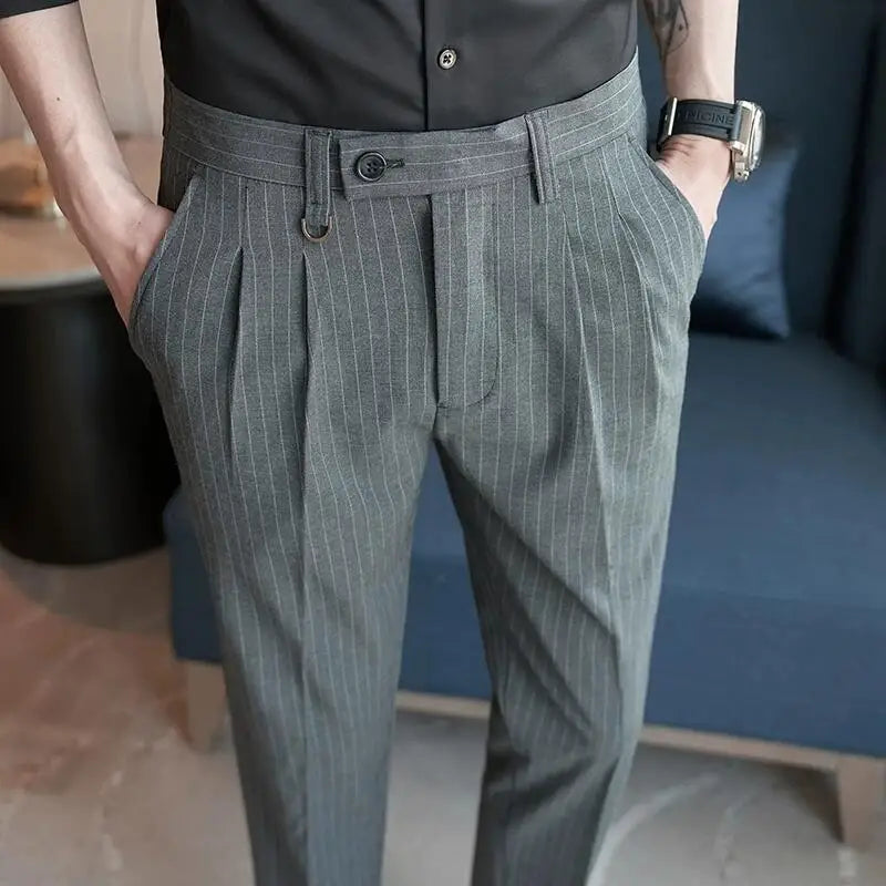 Hehope Summer New Striped Suit Pants Men's Slim Fit Ankle Length Straight Elasti Casual Pants Fashion Business Social Dress Pant