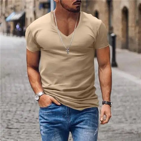 Hehope Summer Men V-neck Basic T-shirt Slim Solid Cotton Breathable Quick Dry Casual Sports Simple Versatile Bottoming Short Sleeve Top