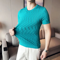 Hehope New Men Short Sleeve Breathable Leisure O-neck Slim Fit T-shirts Male Fashion Ice Silk Knitted Tops Size Shirt S-3XL