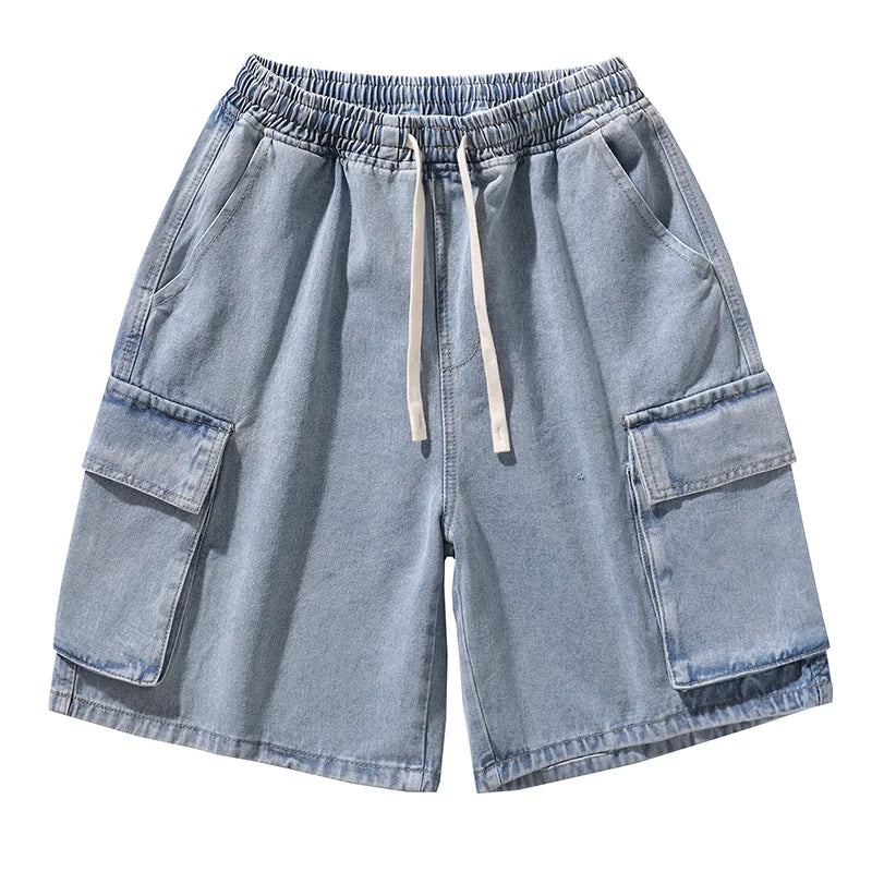 Hehope Korean Summer Men's Wide Leg Denim Shorts New Fashion Loose Casual Elastic Waist Large Pocket Work Shorts Men's Brand Clothing