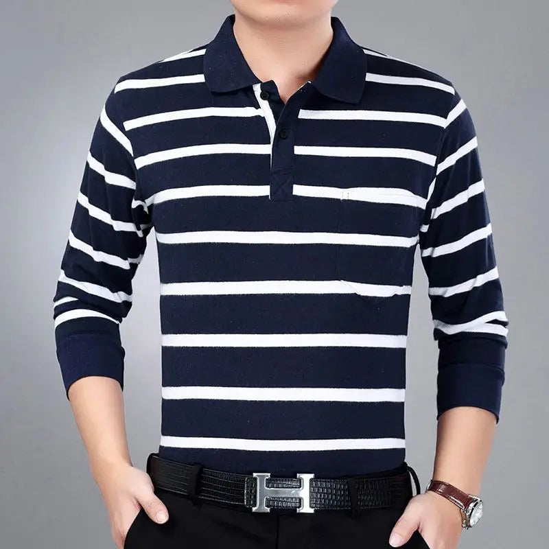 Hehope Fashion Men New Business Striped Polo Shirts Korean Spring Autumn Casual Long Sleeve Lapel Pockets Male Clothes Cotton Tops