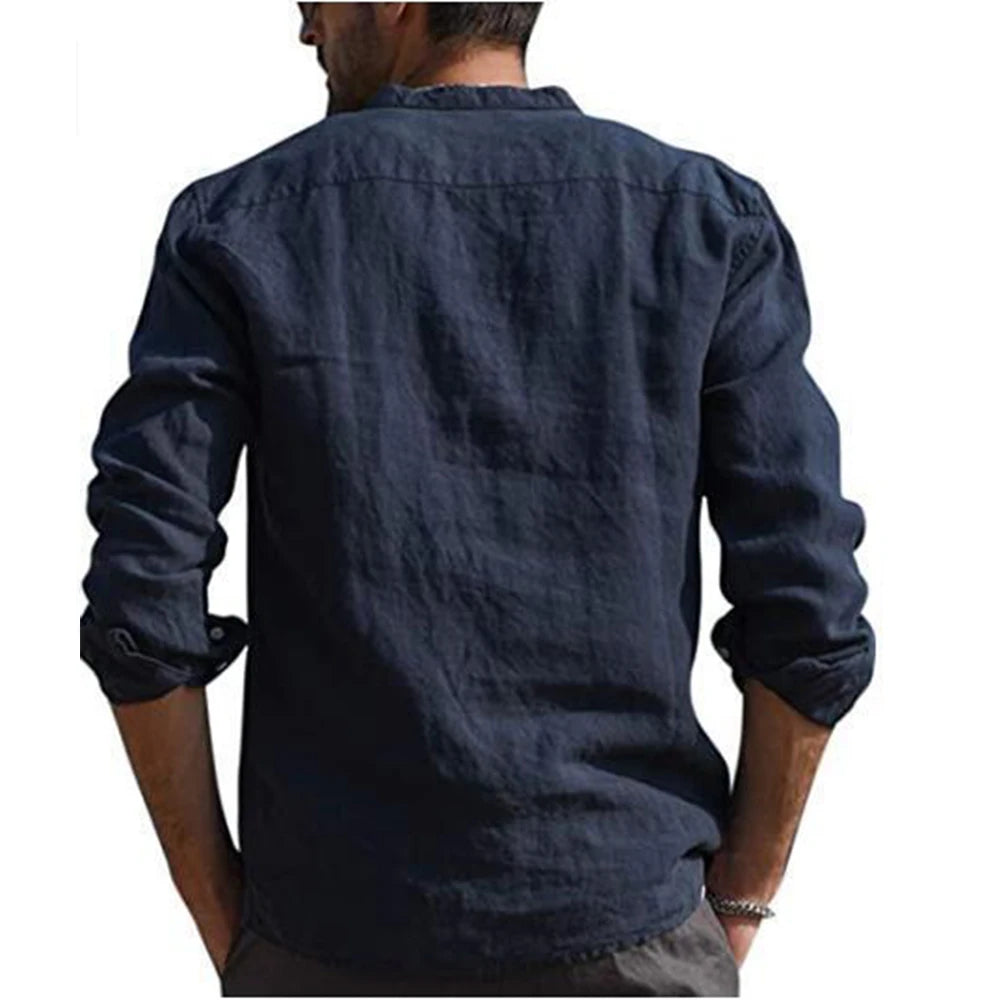 Hehope 2024 Plus Size Cotton Linen Hot Sale Men's Long-Sleeved Shirts Summer Solid Color  Stand-Up Collar Casual Beach Style