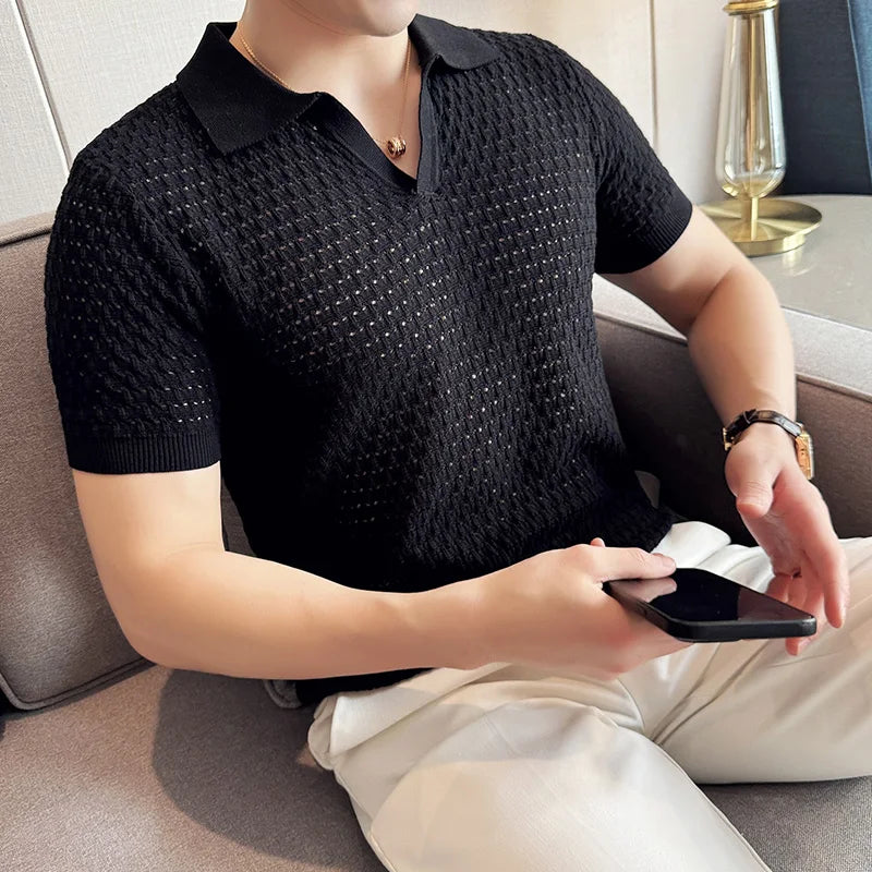 Hehope Hollow Knit Short Sleeved T-shirt V-neck Polo Shirt Men Summer Sexy Casual Lapel Tshirts Social Streetwear POLO Tee Tops 2024