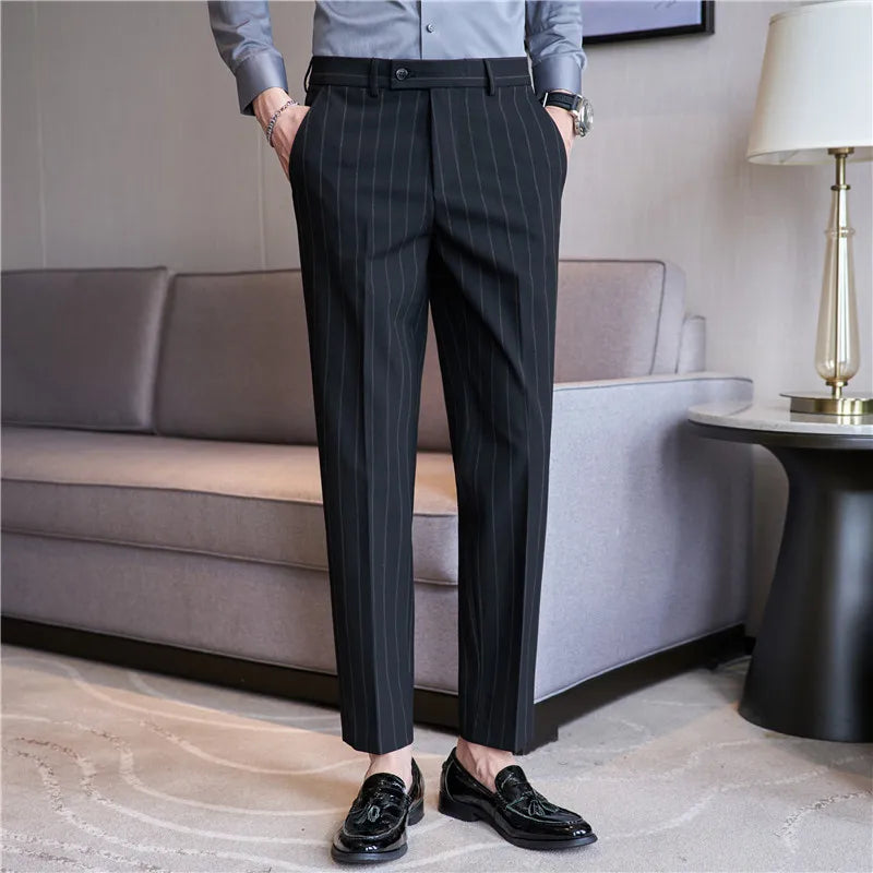 Hehope Men's Striped Suit Pants Elastic Autumn New Social Casual Trousers Slim Fit Suit Pants Business Office Wedding Men Clothing