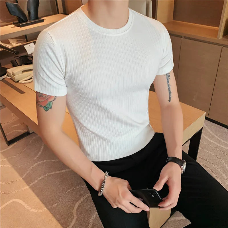 Hehope High Elastic Pure Cotton Slim Fit T Shirt for Men Summer New Solid Casual Short Sleeved T-shirt Tops Korean Men Clothing