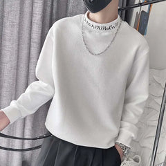 Hehope Autumn Winter Fashion Half High Collar Solid Color Men's Clothing T-Shirts Long Sleeve Pullovers Korean Embroidery Chaopai Tops