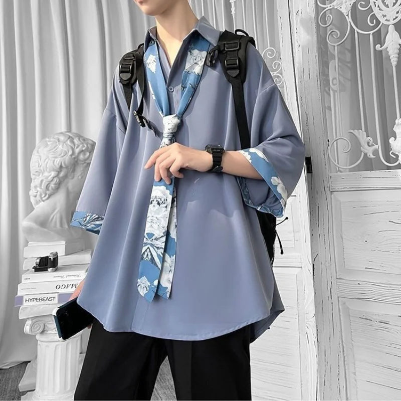 Hehope Spring Summer New Solid Color Short Sleeve Men's Clothing Loose Oversized Fashion Casual Lapel Single-breasted Youth Shirt