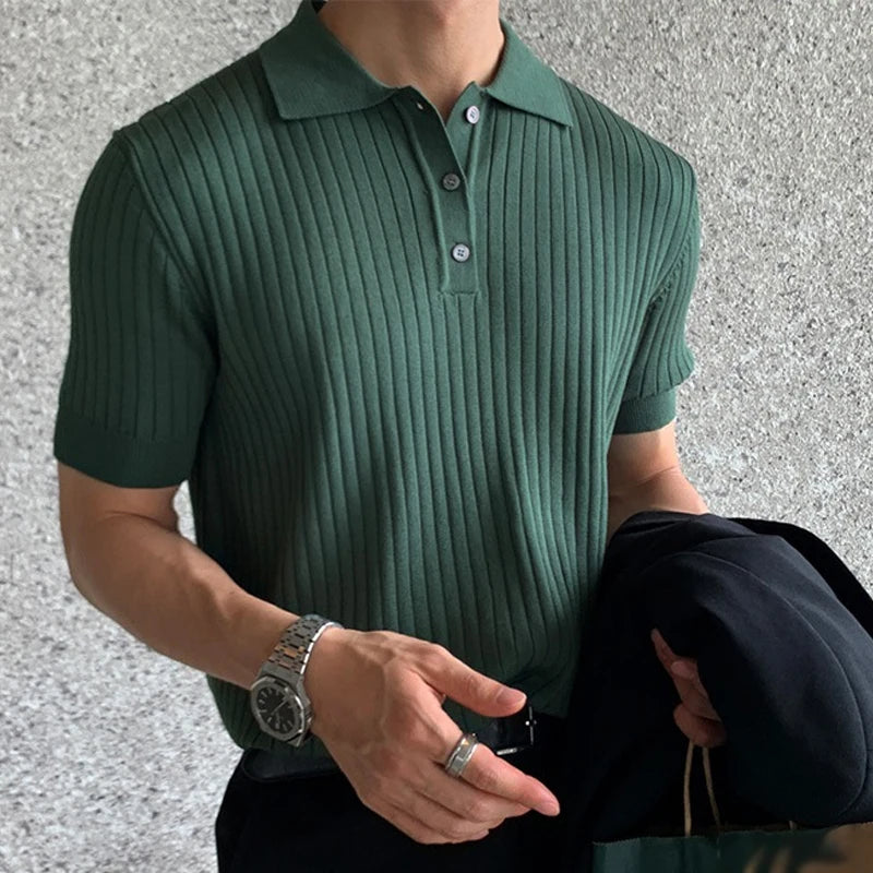 Hehope Casual Solid Color Ribbed T Shirts Men Fashion Slim Buttoned Lapel Polo Shirt Short Sleeve Casual Clothes Summer Mens Streetwear