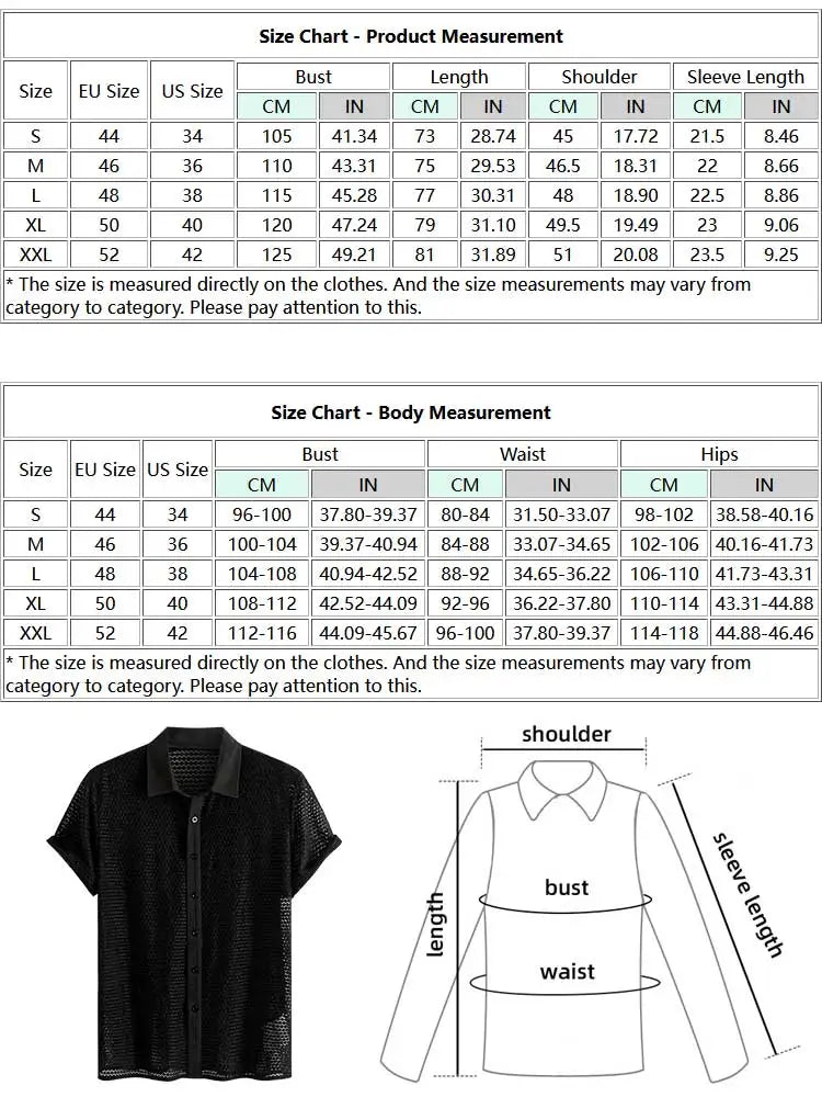 Hehope Solid Thin Shirts for Men Sexy Mesh See-Through Short Sleeves Shirt Summer Streetwear Openwork Black Tops