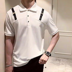 Hehope Shoulder Strap Decorate Polo T-shirt Men Quality British Lapel Short Sleeved Polo Shirt Summer Business Simple