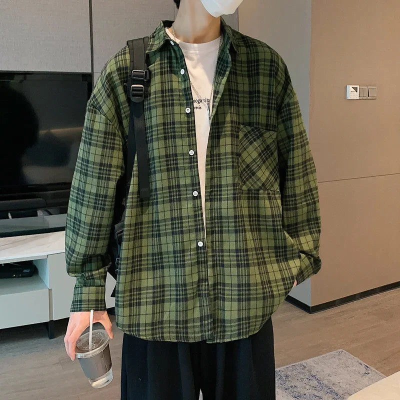 Hehope Japanese Retro Fashion Spring Plaid Shirt Men Long Sleeve Plaid Shirt 100% Cotton Men's Casual Baggy Button Up Tees Shirt