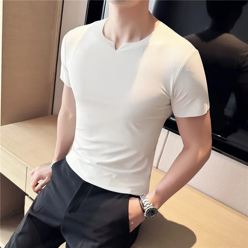 Hehope Men T Shirt Summer New Thin Ice Silk Solid Casual Short Sleeved Elastic Slim Fit T-shirt Tops Korean Fashion Men Clothing