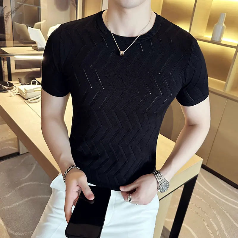 Hehope New Men Short Sleeve Breathable Leisure O-neck Slim Fit T-shirts Male Fashion Ice Silk Knitted Tops Size Shirt S-3XL