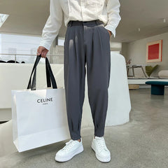 Hehope New Fashion Spring Summer Pants Men Tapered Bottom Slit Trousers Korean Style White Khaki Black Elastic Waist Casual Pants Man