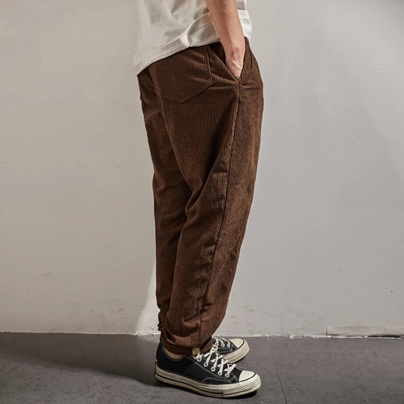 Hehope Corduroy pants men's elastic waist autumn sweatpants loose bundle feet tide brand overalls